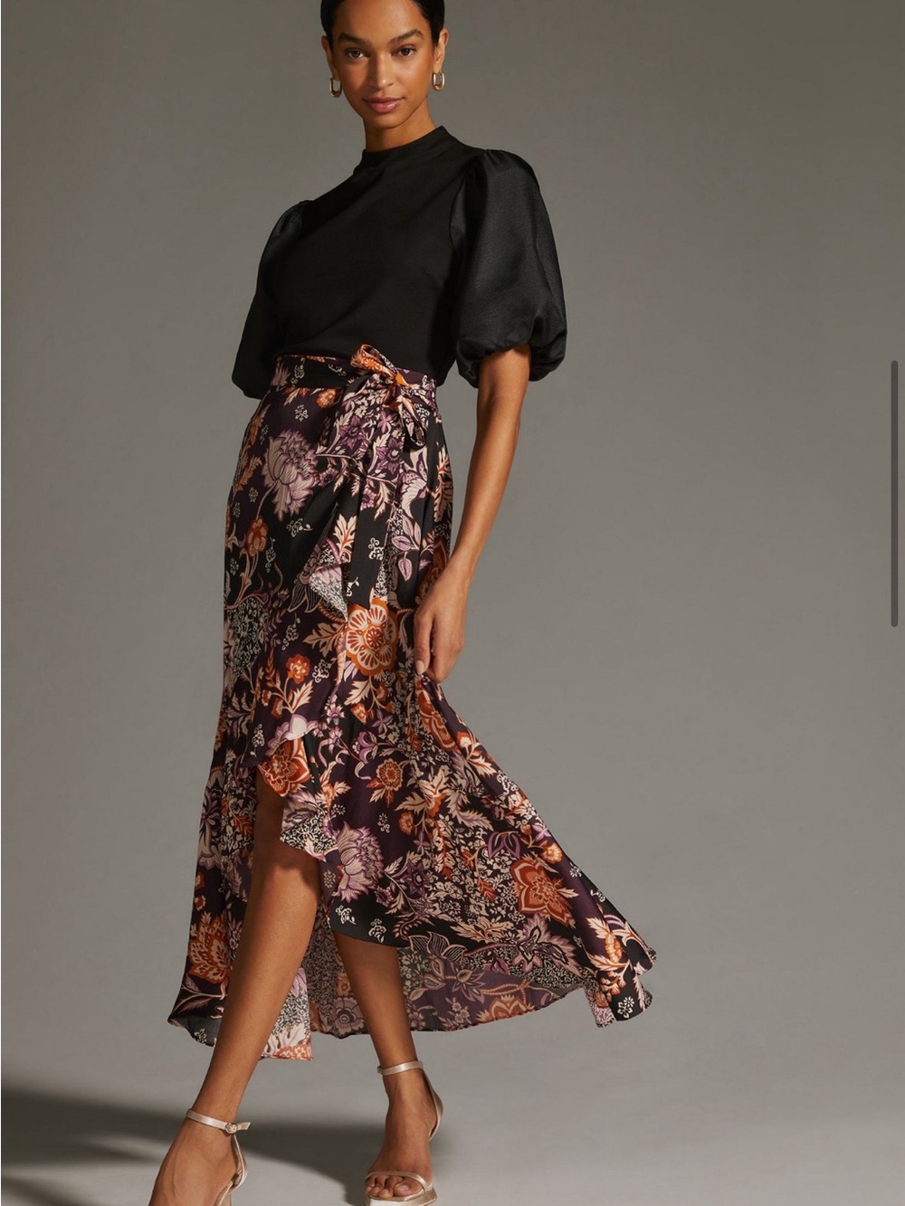 Maeve Anthropologie Floral Wrap Maxi Skirt in warm and mauve tones